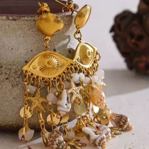 New ANTHRO Evil Eye Seashell Fringe Dangle Earrings - Picture 3 of 9